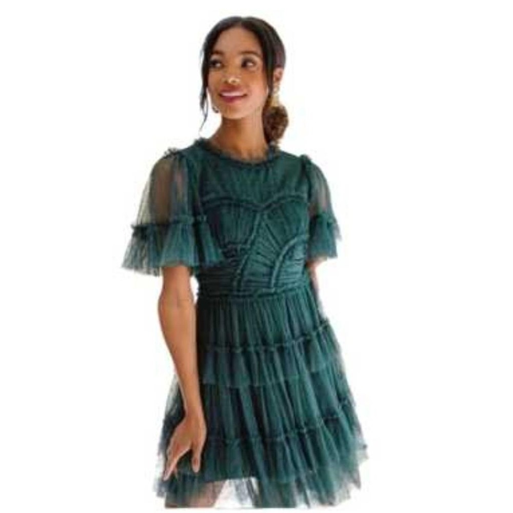 Ivy City Co Whimsical Tiered Emerald Green Tulle Mini Dress Size Medium